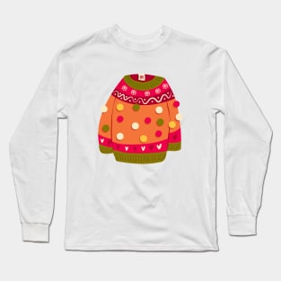 Cute vibrant hand drawn sweater with winter decoration and pom-poms. Colorful holiday vector illustration. Long Sleeve T-Shirt